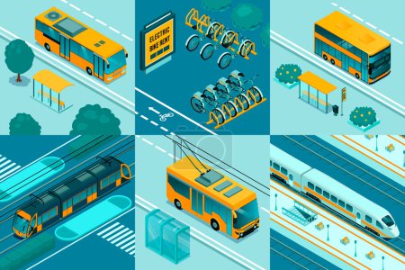 Téléchargez les photos : Illustration de transport public isométrique avec différents types - en image libre de droit