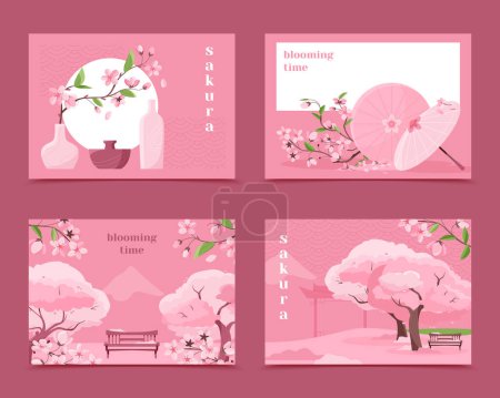 Téléchargez les photos : Ensemble de cartes d'arbre sakura dessinées à la main - en image libre de droit