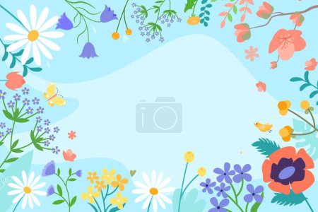Foto de Fondo plano de primavera dibujado a mano con un marco de floración colorida - Imagen libre de derechos