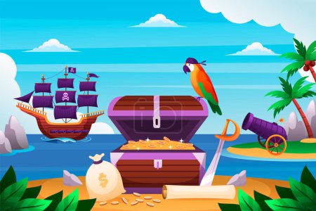 Photo for Flat pirates composition background with a chest coin and parrot - Royalty Free Image