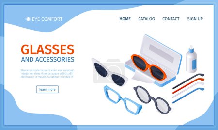 Photo for Isometric sunglasses landing page template with optical elements - Royalty Free Image
