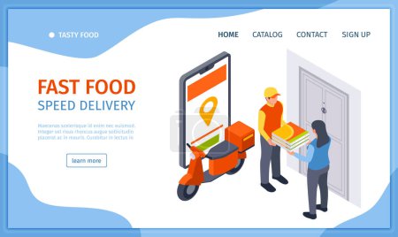 Photo for Isometric fast food landing page template with an employee deliv - Royalty Free Image