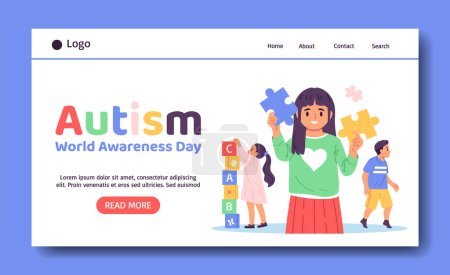 Photo for Hand drawn flat autism landing page template with kids and puzzl - Royalty Free Image