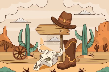 Foto de Fondo plano dibujado a mano de la composición del vaquero con lan salvaje del oeste - Imagen libre de derechos