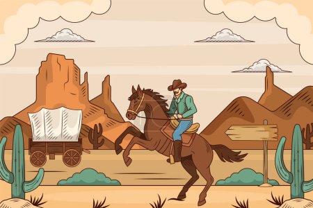 Téléchargez les photos : Cowboy plat dessiné à la main chevauchant un cheval avec paysage sauvage ouest b - en image libre de droit