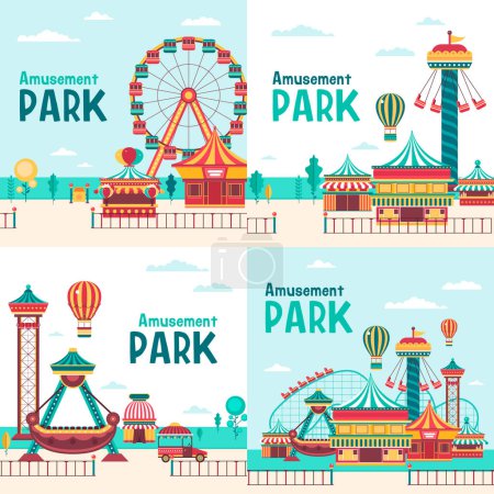 Téléchargez les photos : Ensemble de composition de parc d'attractions plat dessiné à la main - en image libre de droit