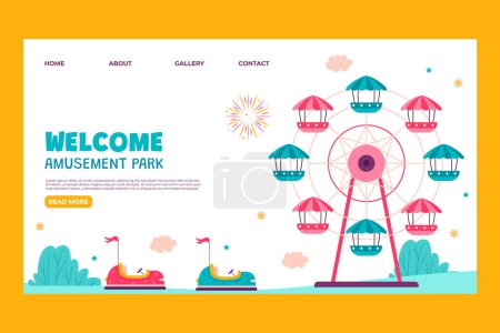 Téléchargez les photos : Modèle de page de destination de parc d'attractions plat avec des attractions justes - en image libre de droit