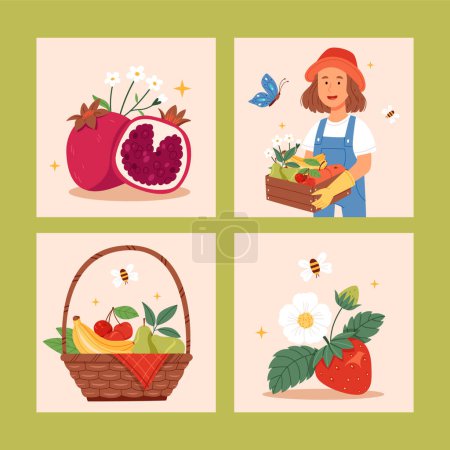 Colección de juego de ilustración cuadrada de cosecha de fruta plana dibujada a mano