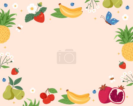 Foto de Fondo de cosecha de fruta plano dibujado a mano con espacio en blanco - Imagen libre de derechos