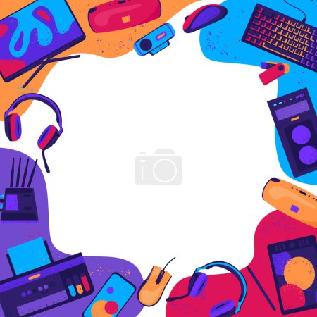 Photo for Hand drawn flat computing frame background with computer accessories - Royalty Free Image