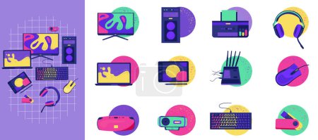 Photo for Hand drawn flat computer accessories icons with illustration set - Royalty Free Image