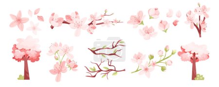 Téléchargez les photos : Éléments de fleurs Sakura au design plat - en image libre de droit
