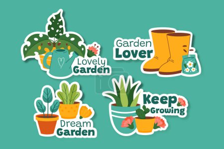 Téléchargez les photos : Collection d'étiquettes de fleurs et plantes dessinées à la main avec jardinage - en image libre de droit