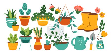 Téléchargez les photos : Collection de fleurs et plantes dessinées à la main avec outils de jardinage - en image libre de droit