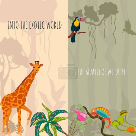 Téléchargez les photos : Hand drawn flat exotic flora and fauna vertical banner template - en image libre de droit