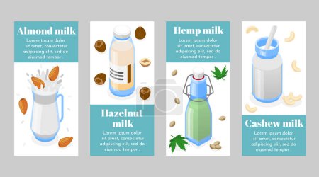 Photo for Isometric vegan milk vertical card collection with different bot - Royalty Free Image