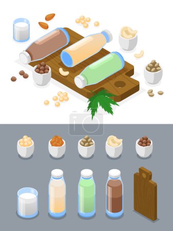 Foto de Iconos de leche vegana isométrica con ilustración de diferentes tipos - Imagen libre de derechos