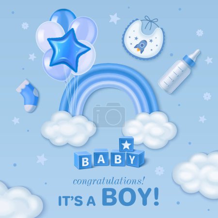 Photo for Realistic baby shower composition background for boys with a rai - Royalty Free Image