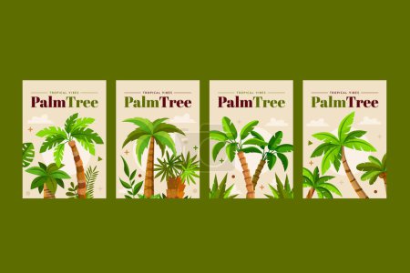 Hand drawn flat palm tree cards collection with tropical palm tr
