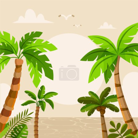 Foto de Palma tropical plana dibujada a mano ilustración en el paisaje costero b - Imagen libre de derechos