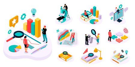 Photo for Case study illustration with icons in isometric view - Royalty Free Image