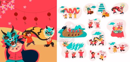 Téléchargez les photos : Icônes du Nouvel An chinois dessinées à la main avec illustration - en image libre de droit