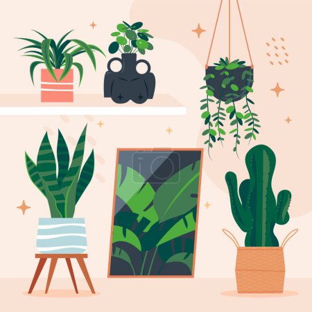 Photo for Hand drawn flat house plants illustration background with decora - Royalty Free Image
