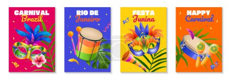 Téléchargez les photos : Collection réaliste de cartes de carnaval brésilien avec leav tropical - en image libre de droit