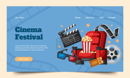 Hand drawn flat cinema landing page template with film elements