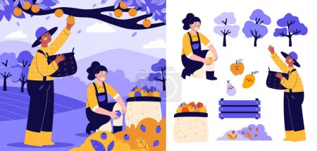 Hand drawn flat fruit harvest icon illustration set with farmers