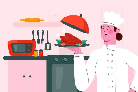 Hand drawn flat cooking background with a chef presenting a dish