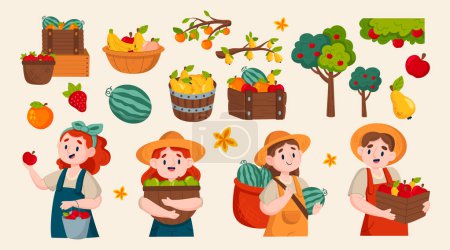Photo for Hand drawn flat fruit harvest original elements set with people - Royalty Free Image