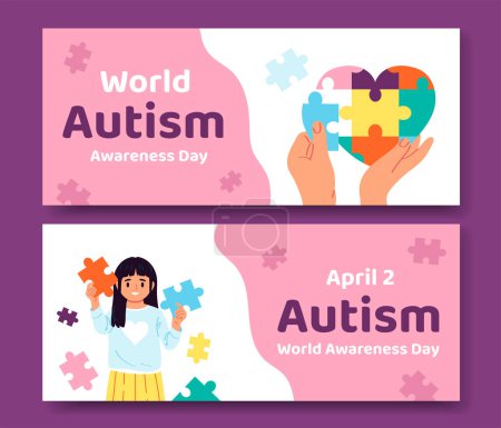 Téléchargez les photos : Modèle de bannière horizontale de jour autisme plat dessiné à la main avec p - en image libre de droit