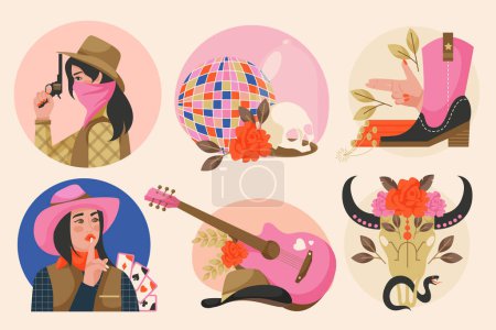 Photo for Cowgirl flat hand drawn cartoon composition set - Royalty Free Image