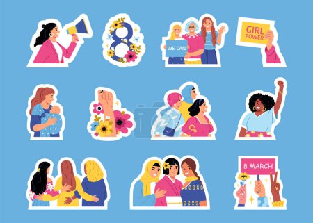 Photo for Hand drawn flat women day stickers collection with female charac - Royalty Free Image