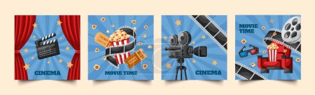 Téléchargez les photos : Ensemble de cartes de cinéma carré plat dessiné à la main collection - en image libre de droit