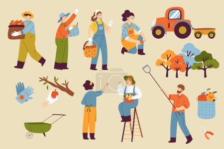Photo for Hand drawn flat fruit harvest original elements set with farmers - Royalty Free Image