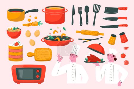 Elementos originales de cocina plana dibujada a mano con chefs y kit