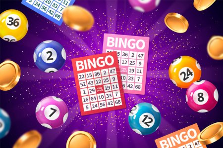 Foto de Fondo realista de composición de bingo con tarjetas de lotería y ba - Imagen libre de derechos