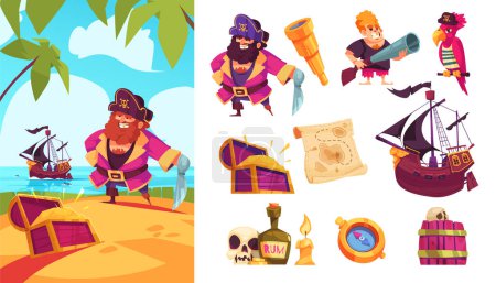 Téléchargez les photos : Illustration aventure pirate et icônes en design plat - en image libre de droit