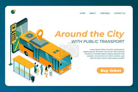 Photo for Isometric public transport landing page template with a bus stop - Royalty Free Image