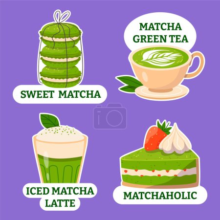Téléchargez les photos : Stickers thé Matcha au design plat - en image libre de droit