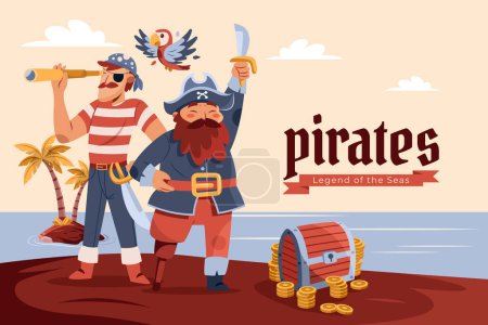 Hand drawn flat pirates background with characters in an island