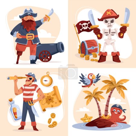 Hand drawn flat pirates square illustration set with characters 