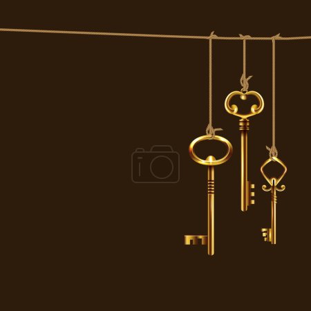 Illustration for Realistic vintage keys strings composition three golden keys on are tied to a string vector illustration - Royalty Free Image