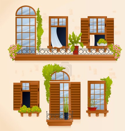 Téléchargez les illustrations : Vintage maison balcon composition deux étages avec des fenêtres magnifiquement sculptées avec des lits de fleurs et un grand balcon sur l'illustration vectorielle du deuxième étage - en licence libre de droit