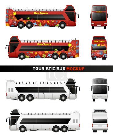 Illustration for Bus mockup realistic set of isolated images with various angle views of touristic and sightseeing buses vector illustration - Royalty Free Image
