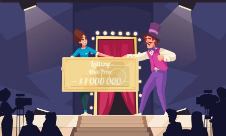 Concept de dessin animé de loterie avec femme heureuse tenant l'illustration vectorielle de chèque gagnant