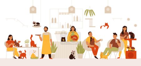 Illustration for Pets cats cafe composition with indoor cafeteria scenery counter waiters and visitors with meals and kittens vector illustration - Royalty Free Image