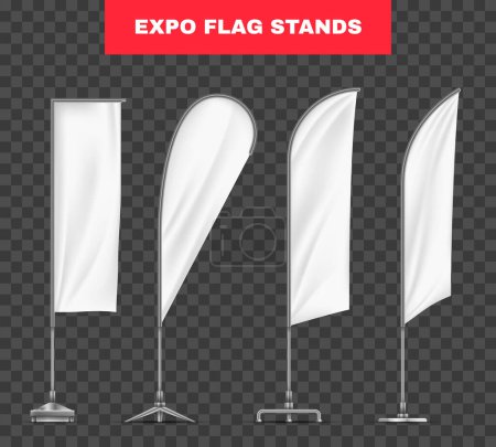 Ilustración de Banderas de exposición blancas en blanco de diferentes formas en soportes de metal conjunto realista aislado en la ilustración de vectores de fondo transparente - Imagen libre de derechos